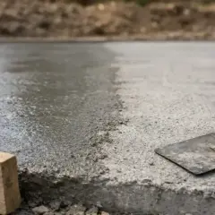 Świeży beton na budowie, obok kielnia i drewniany krawężnik. Materiały do budowy pieca, jak cegły szamotowe, czekają na użycie.