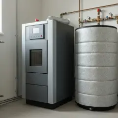 Nowoczesny bufor do pieca na pellet, obok zasobnika wody, z rurami i grzejnikiem.