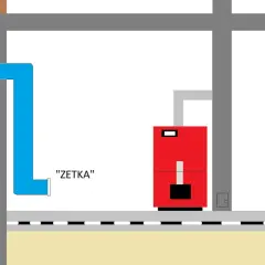 Schemat instalacji: niebieska rura "zetka" prowadzi do czerwonego kotła w kotłowni.