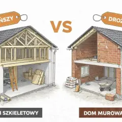 Porównanie budowy: tańszy dom szkieletowy z widoczną drewnianą konstrukcją vs. droższy dom murowany z cegły.