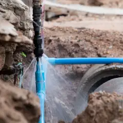 Uszkodzone przyłącze wody tryska strumieniem wody obok betonowych rur.