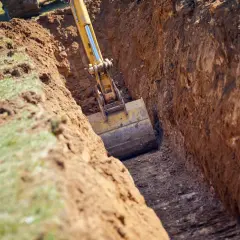 Koparka pogłębia wykop, sięgając do strefy przemarzania gruntu. Pracownicy nadzorują prace.