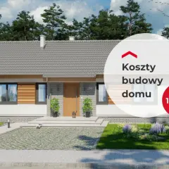 Nowoczesny dom z ogrodem. Na zdjęciu widoczny cennik usług budowlanych z informacją o kosztach budowy domu 100 m².