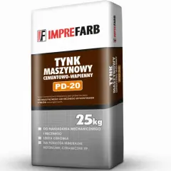 Worek z tynkiem maszynowym cementowo-wapiennym PD-20 marki IMPREFARB, 25kg. Idealny do nakładania mechanicznego i ręcznego.