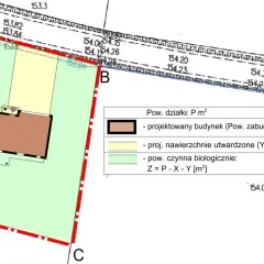 Plan działki z zaznaczonym projektowanym budynkiem i legendą. Wniosek o warunki zabudowy uwzględnia powierzchnię zabudowy.