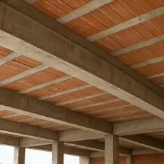Widok na betonowe belki i pustaki ceramiczne, tworzące konstrukcję stropu. Różne rodzaje stropów w budownictwie.