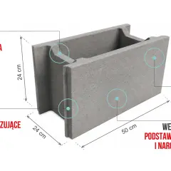 Szary pustak z oznaczeniami: wymiary pustaka 24x50 cm, waga ~23 kg, obniżenia dla zbrojenia, pionowe zamki stabilizujące.