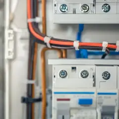 Szczegółowy widok instalacji elektrycznej w domu: kable, bezpieczniki i złączki w rozdzielnicy.