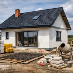Budowa domu 80 m. Na placu budowy widać dom w stanie surowym, beton, bloczki, cement i betoniarkę.