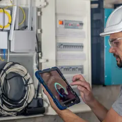 Technik w kasku i okularach ochronnych wykonuje przegląd instalacji elektrycznej, używając tabletu do monitorowania parametrów.