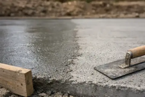 Świeży beton na budowie, obok kielnia i drewniany krawężnik. Materiały do budowy pieca, jak cegły szamotowe, czekają na użycie.