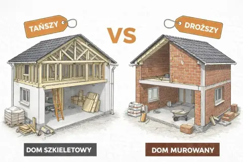Porównanie budowy: tańszy dom szkieletowy z widoczną drewnianą konstrukcją vs. droższy dom murowany z cegły.