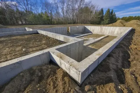 Fundament domu w budowie, pokazujący różne rodzaje betonu użyte do stworzenia solidnych fundamentów.