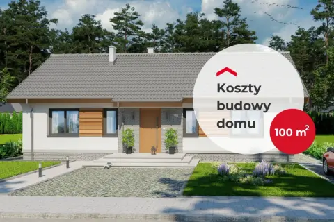 Nowoczesny dom z ogrodem. Na zdjęciu widoczny cennik usług budowlanych z informacją o kosztach budowy domu 100 m².