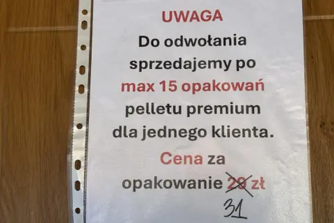 Uwaga: sprzedaż pelletu premium ograniczona do 15 opakowań na klienta. Cena za opakowanie 31 zł. Prognozowana cena pelletu 2026 może ulec zmianie.