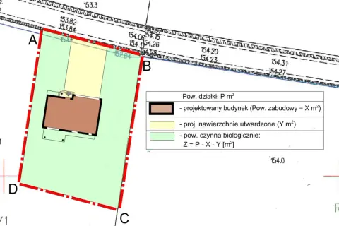 Plan działki z zaznaczonym projektowanym budynkiem i legendą. Wniosek o warunki zabudowy uwzględnia powierzchnię zabudowy.