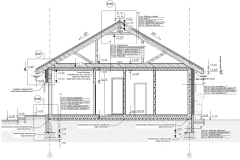 Przekrój budynku z detalami konstrukcyjnymi, uwzględniający projekt architektoniczno budowlany.