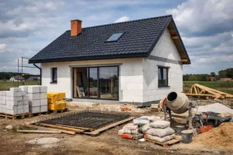 Budowa domu 80 m. Na placu budowy widać dom w stanie surowym, beton, bloczki, cement i betoniarkę.