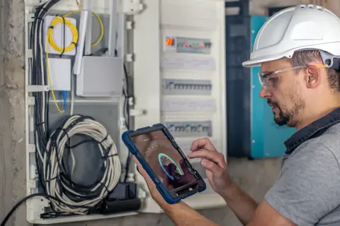 Technik w kasku i okularach ochronnych wykonuje przegląd instalacji elektrycznej, używając tabletu do monitorowania parametrów.