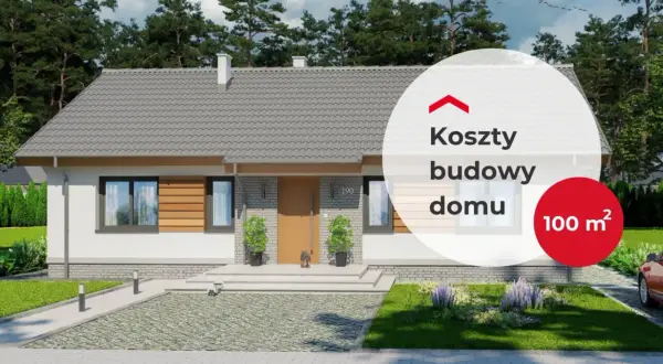 Nowoczesny dom z ogrodem. Na zdjęciu widoczny cennik usług budowlanych z informacją o kosztach budowy domu 100 m².