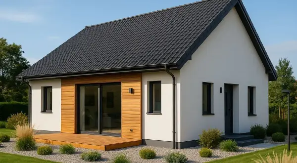Nowoczesny dom 80m2 z drewnianym tarasem i dużymi przeszkleniami. Elegancka biel elewacji kontrastuje z ciemnym dachem i okładziną.