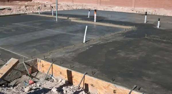 Świeżo wylany beton na fundamencie, widoczne rury i zbrojenie. Trwa praca nad izolacją pionową fundamentów.