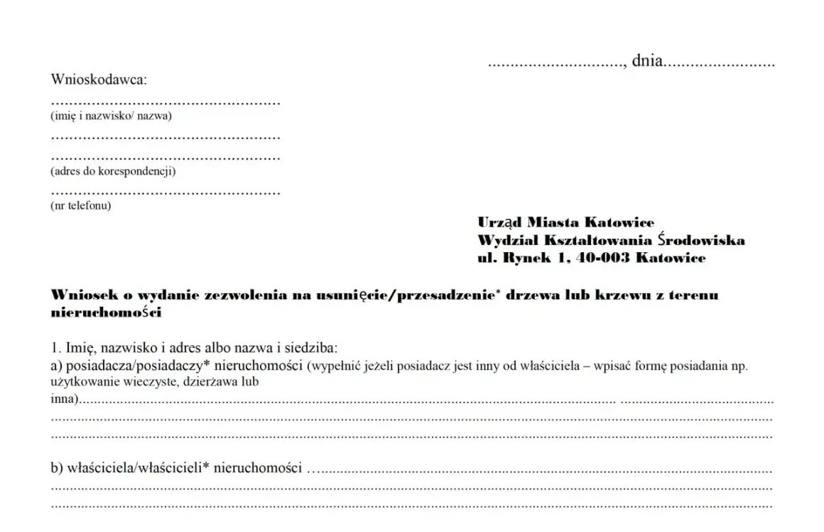 Wniosek o zezwolenie na wycinkę drzew na działce. Dokument zawiera dane wnioskodawcy i adresata (Urząd Miasta Katowice).