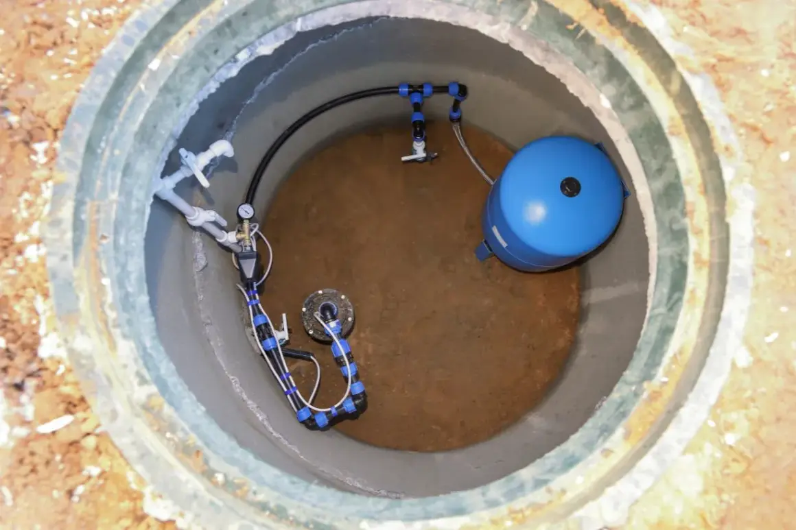 Wnętrze studni głębinowej z pompą, niebieskim zbiornikiem hydroforowym i instalacją hydrauliczną.