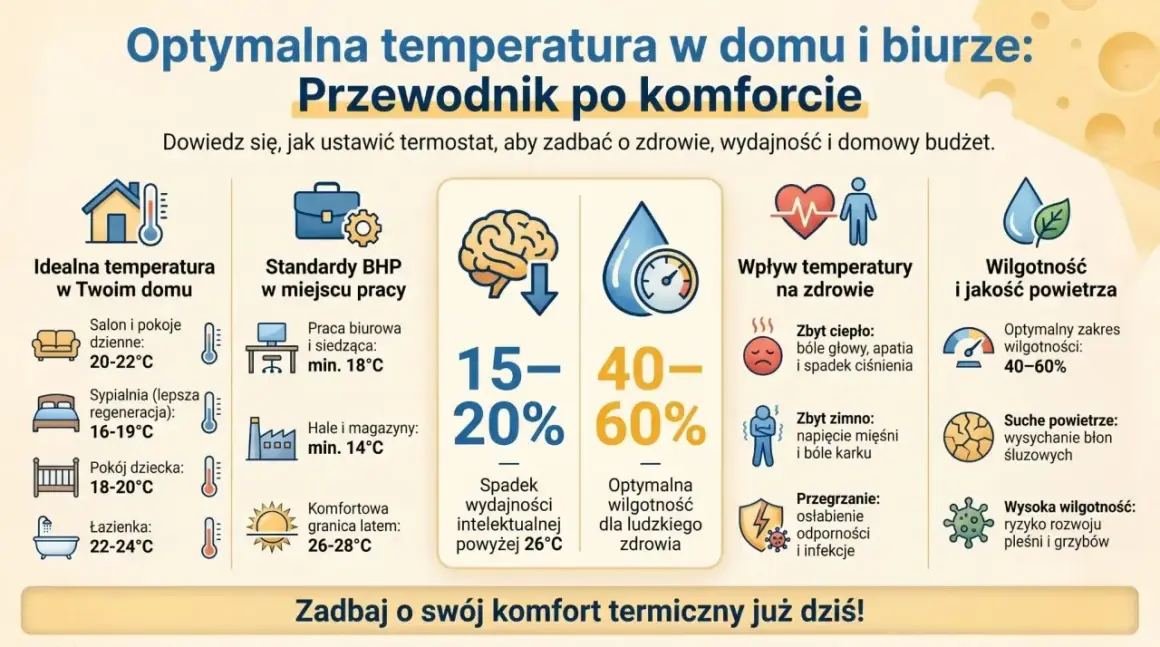 Infografika o optymalnej temperaturze i wilgotności w domu i biurze, z ikonami i danymi.
