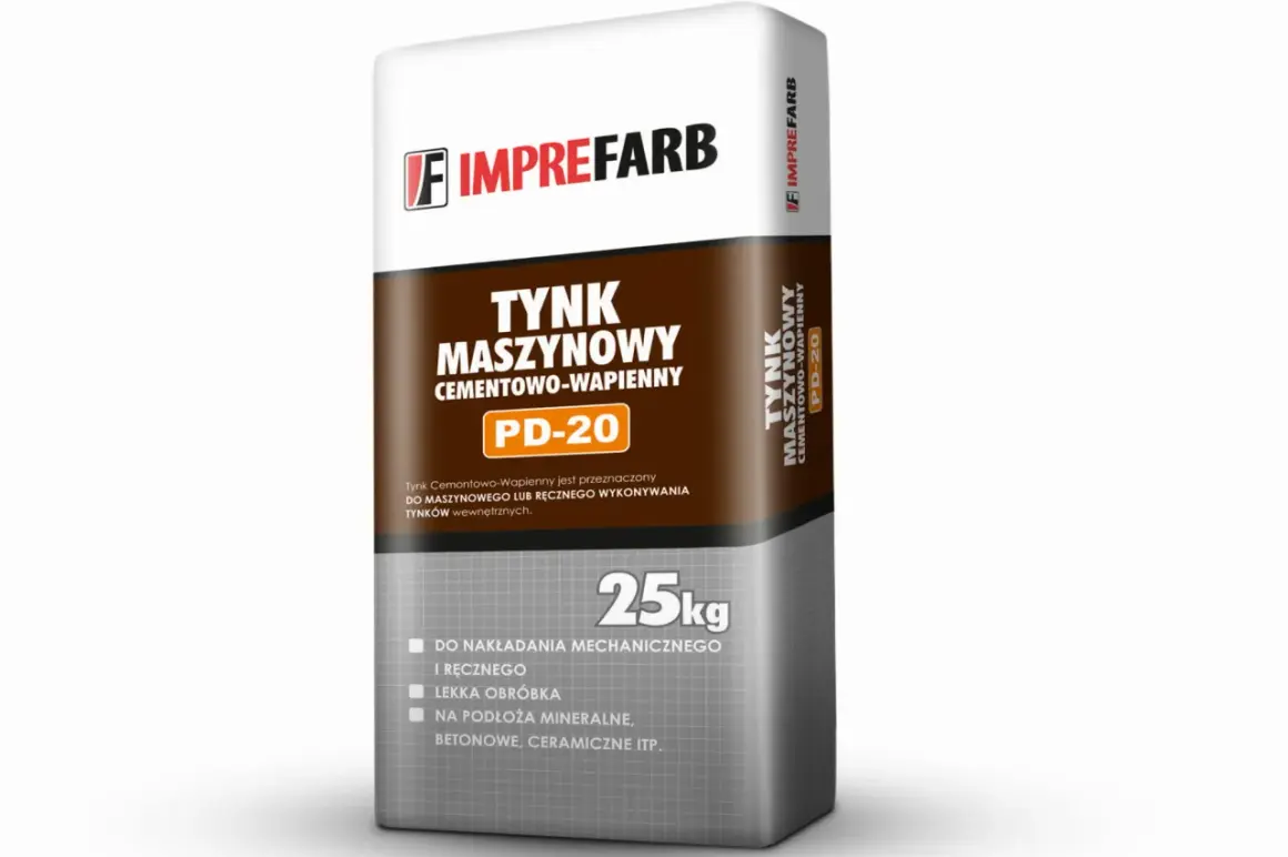Worek z tynkiem maszynowym cementowo-wapiennym PD-20 marki IMPREFARB, 25kg. Idealny do nakładania mechanicznego i ręcznego.