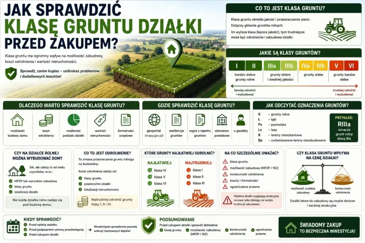 Sprawdź klasę gruntu przed zakupem, by uniknąć problemów z odrolnieniem i zabudową. Dowiedz się, jak odczytać oznaczenia i gdzie szukać informacji.