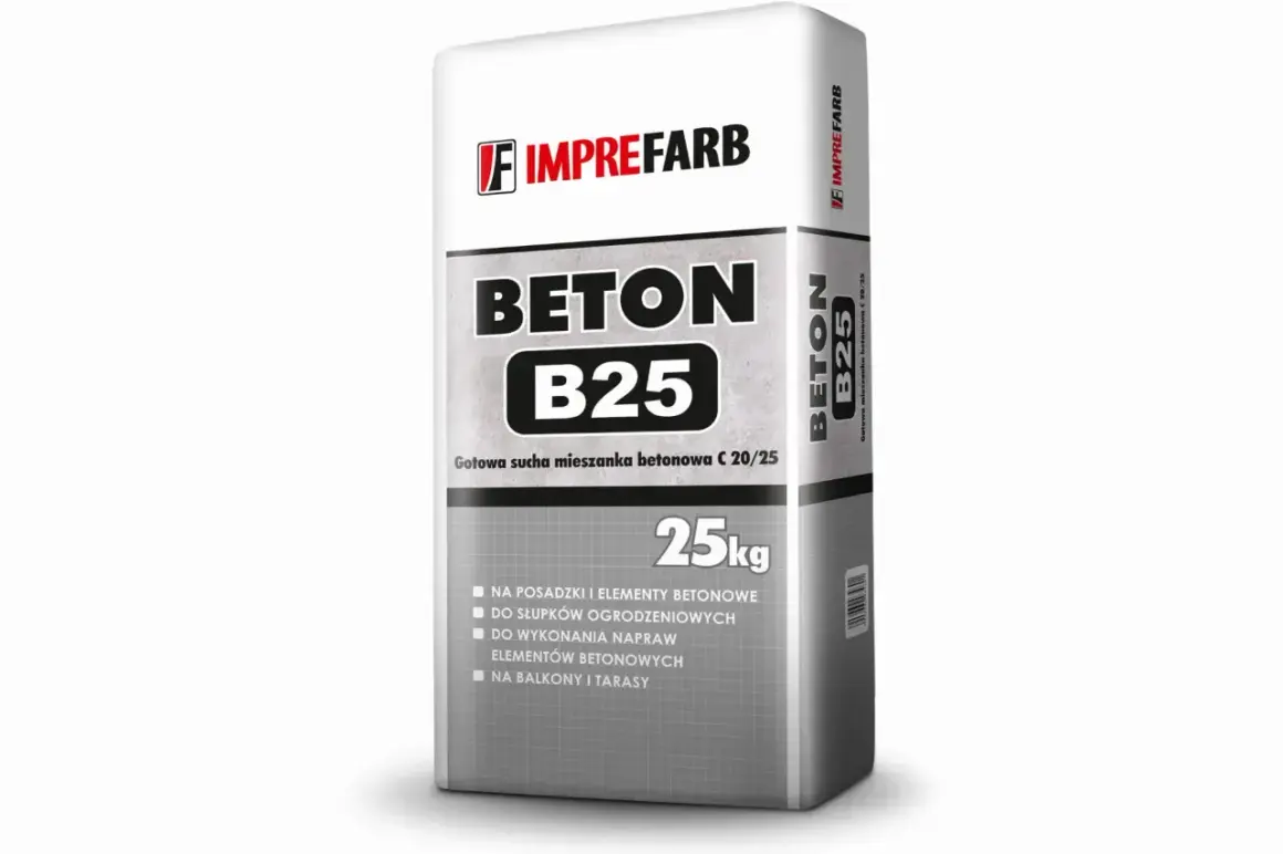 Worek z suchą mieszanką betonową B25 Imprefarb. Idealne proporcje betonu do budowy, napraw i elementów ogrodzeniowych. 25kg.