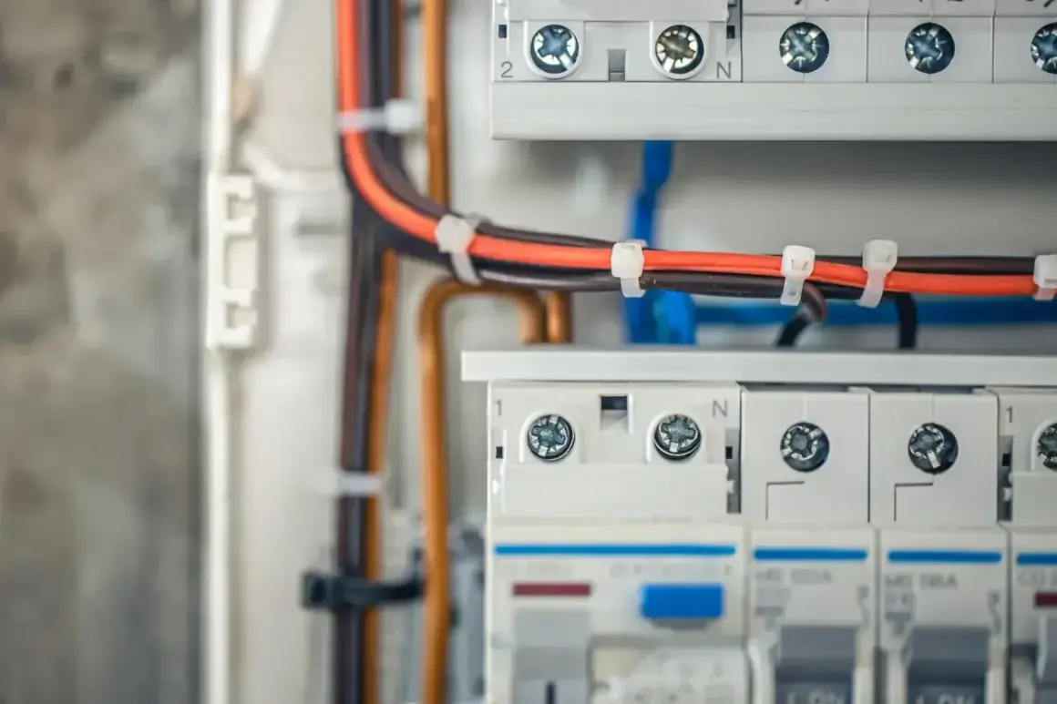 Szczegółowy widok instalacji elektrycznej w domu: kable, bezpieczniki i złączki w rozdzielnicy.