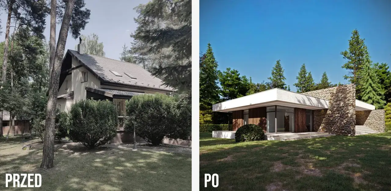 Przed i po: stara willa zyskała nowoczesną dobudówkę z kamienia i drewna. Projekty architektoniczne odmieniły dom.