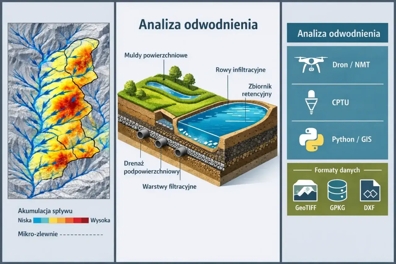 Schemat analizy odwodnienia: mapa spływu, przekrój z rowami infiltracyjnymi i zbiornikiem retencyjnym, narzędzia (dron, CPTU, GIS) i formaty danych.