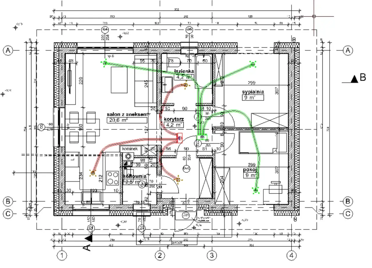 Plan mieszkania z zaznaczonymi kanałami wentylacyjnymi. Rozważając rekuperację, koszt instalacji jest kluczowy.