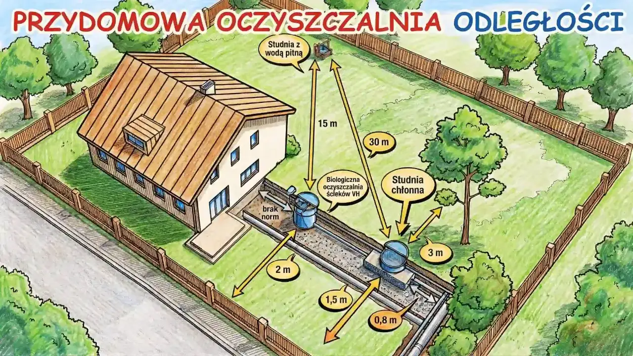 Ilustracja pokazuje przydomową oczyszczalnię ścieków z zachowaniem odpowiednich odległości od domu, studni z wodą pitną i studni chłonnej.