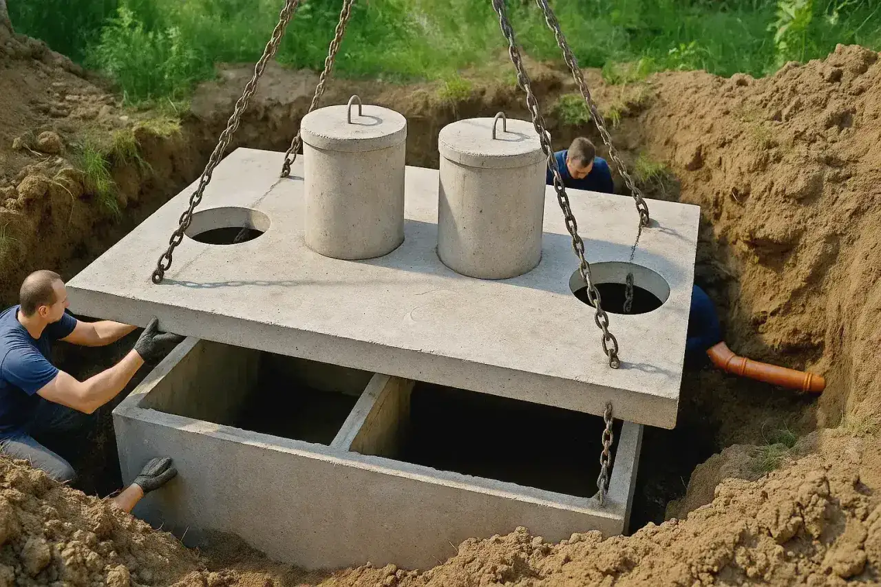 Montaż szamba betonowego 10m3. Cena z montażem obejmuje prace budowlane i dostawę.