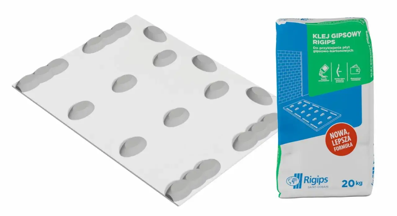 Płyta gipsowo-kartonowa z naniesionym klejem oraz worek kleju gipsowego Rigips do przyklejania płyt.
