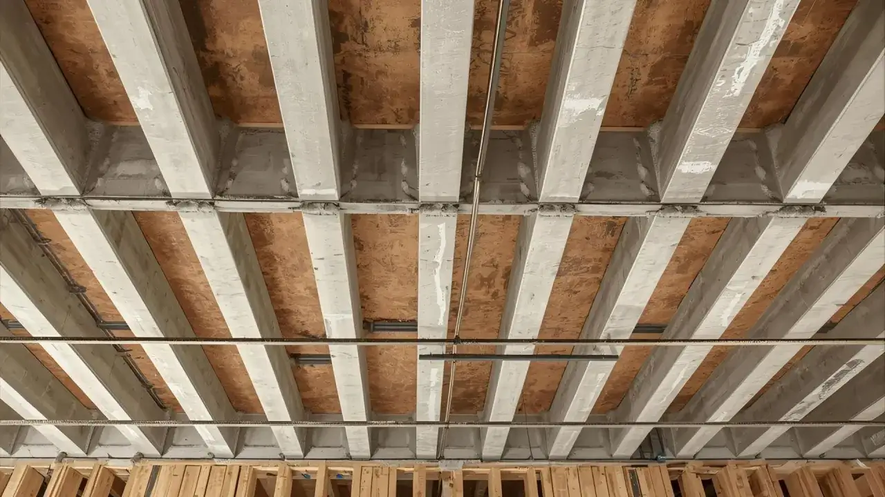 Widok od dołu na strop rector z betonowymi belkami i płytami OSB. Widać instalacje elektryczne.