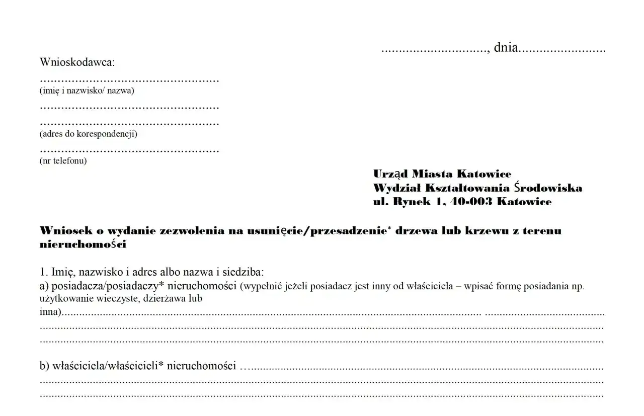 Wniosek o zezwolenie na wycinkę drzew na działce. Formularz do wypełnienia dla Urzędu Miasta Katowice.