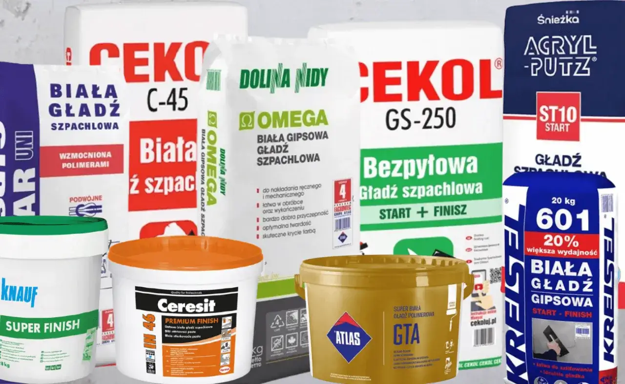 Różne rodzaje gładzi szpachlowych: białe, gipsowe, polimerowe, bezpyłowe. Produkty marek Cekol, Dolina Nidy, Knauf, Ceresit, Atlas, Śnieżka.