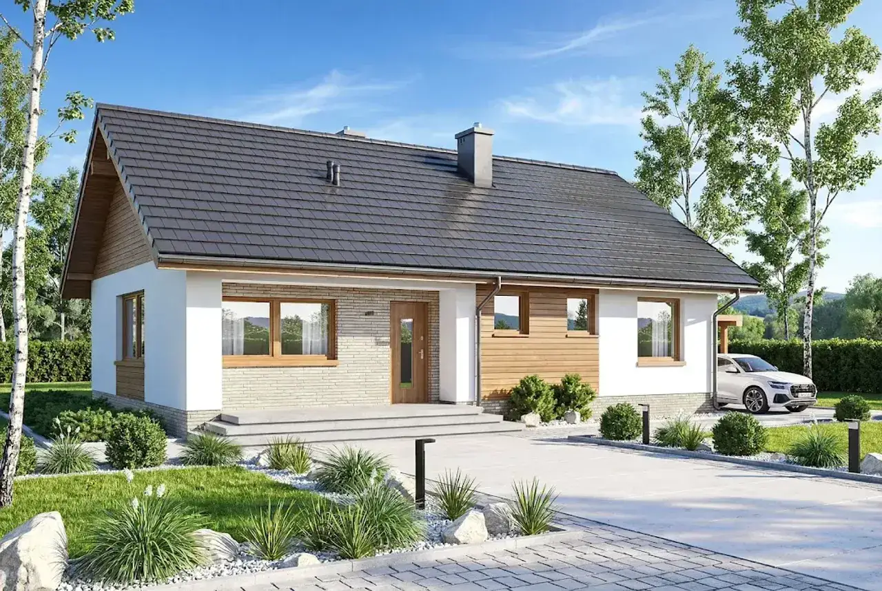 Nowoczesny dom 80m2 z drewnianymi elementami i kamienną elewacją, otoczony zielenią. Biały SUV zaparkowany przy podjeździe.