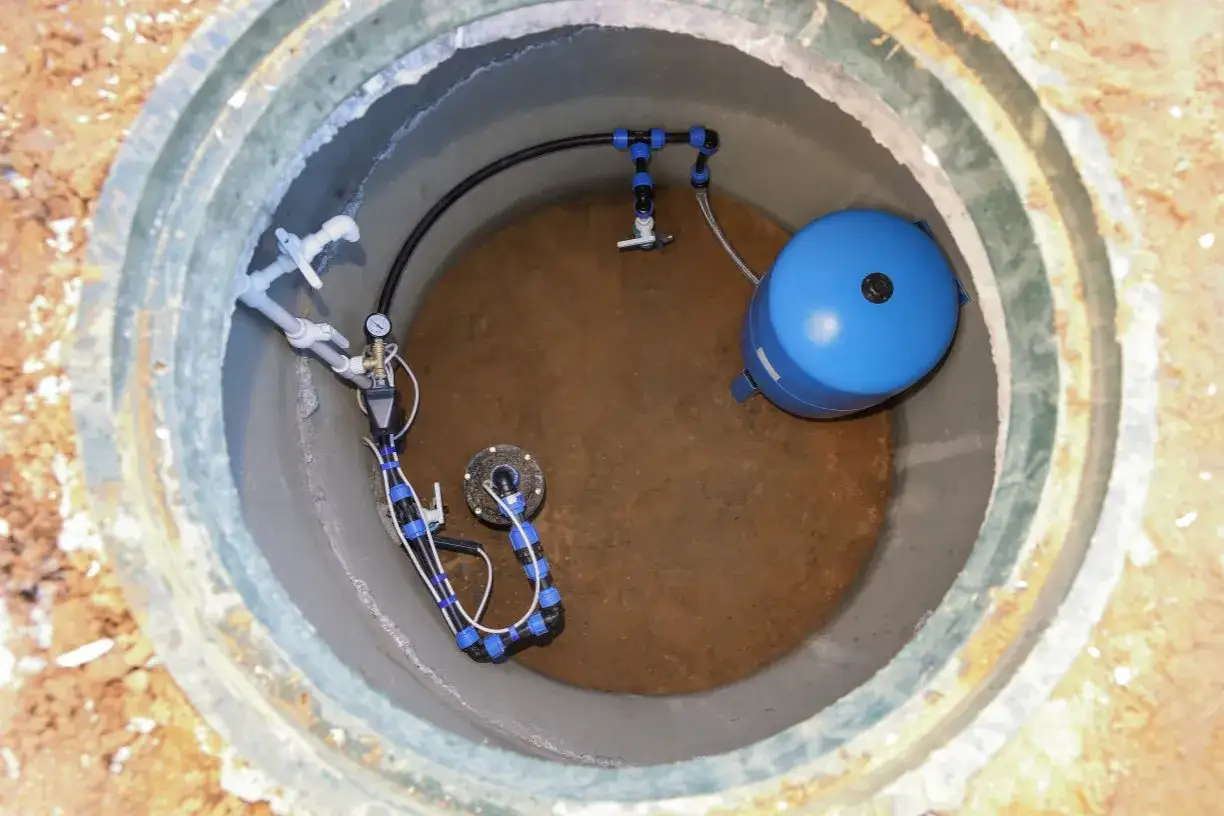 Wnętrze studni głębinowej z pompą, zbiornikiem hydroforowym i instalacją. Rozważając studnia głębinowa koszt, warto zwrócić uwagę na takie elementy.