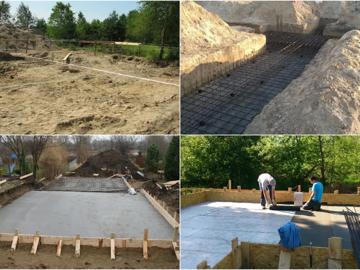 Budowa domu: wykop, zbrojenie i betonowanie ław fundamentowych.