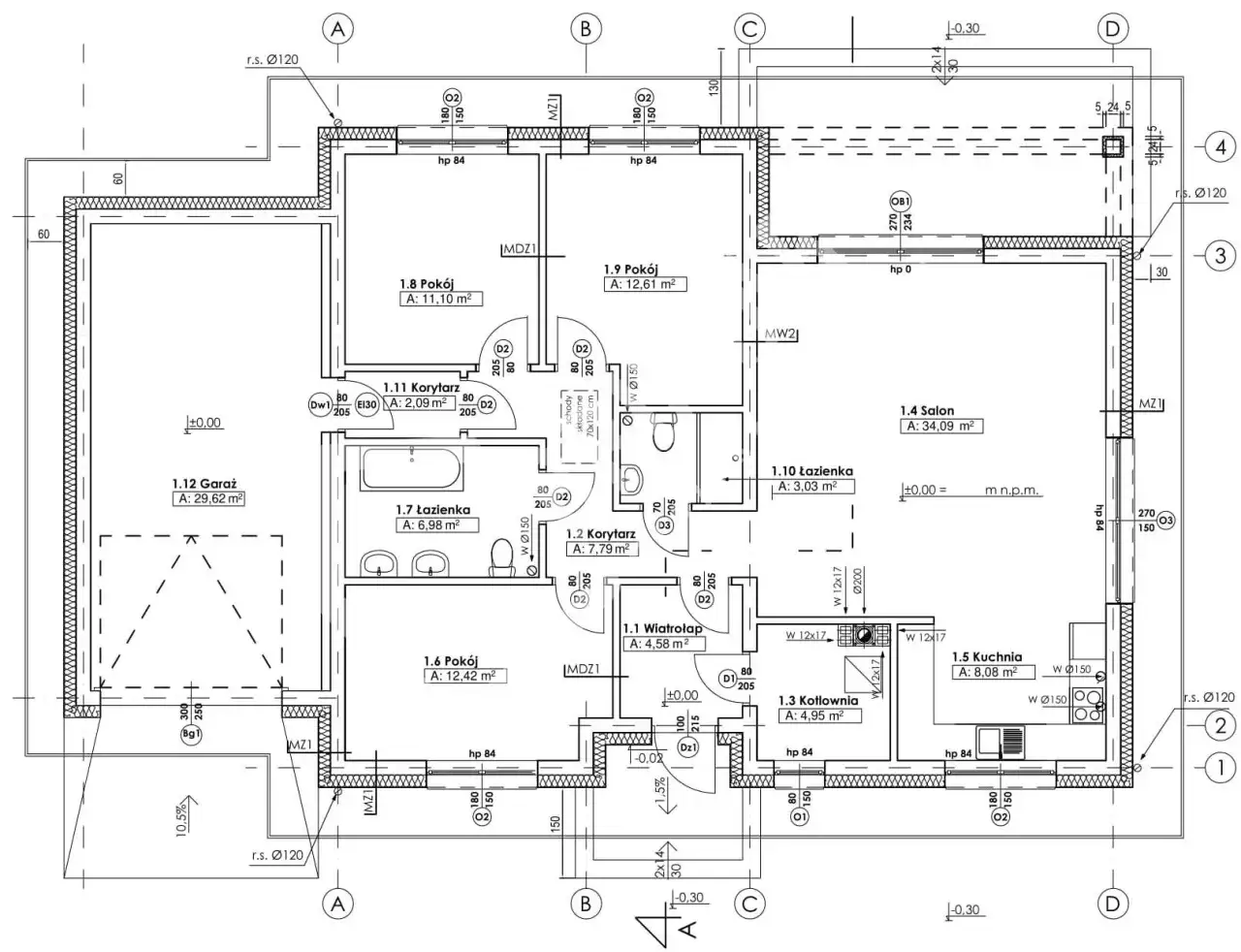 Projekt architektoniczno budowlany domu jednorodzinnego z garażem, salonem, kuchnią, 2 łazienkami i 3 pokojami.
