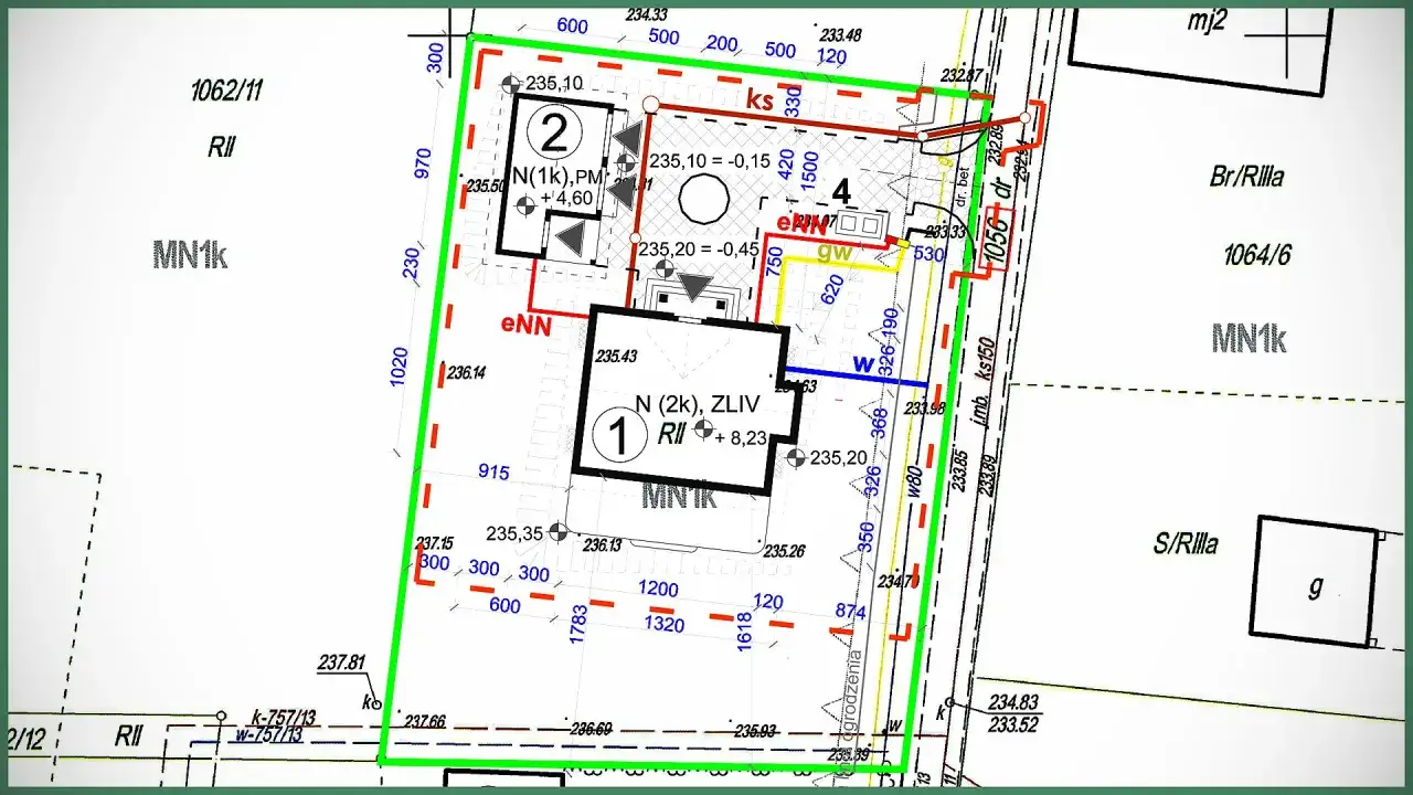 Mapa do celów projektowych cena: szczegółowy plan działki z naniesionymi budynkami, granicami i wymiarami.