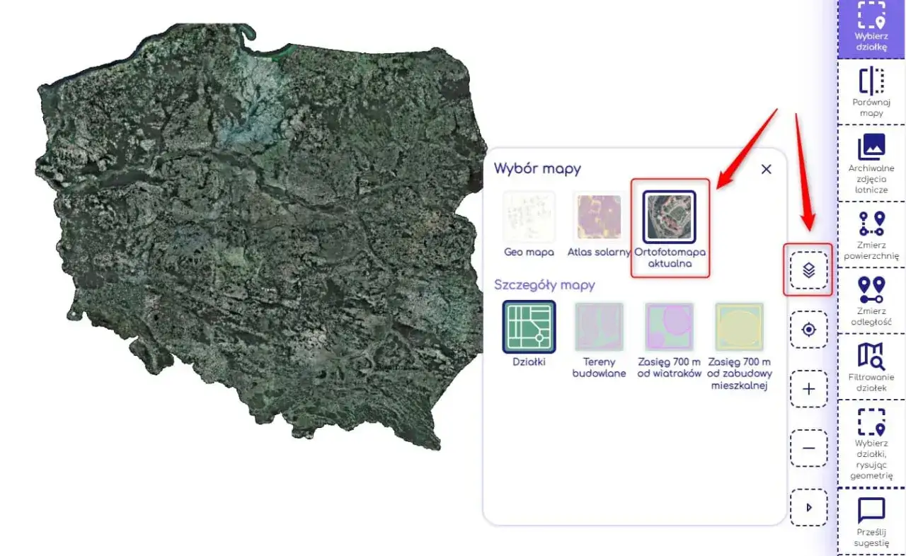 Jak sprawdzić czy działka jest budowlana? Na mapie ortofotomapa aktualna zaznaczono 