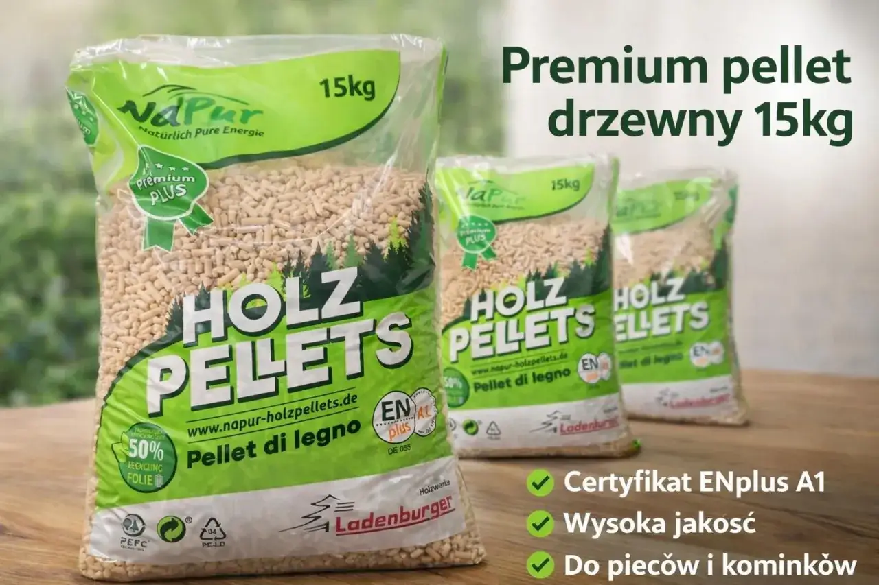 Pellet drzewny Premium 15kg, certyfikat ENplus A1. Idealny do pieców i kominków. Cena pelletu 2026 będzie atrakcyjna.