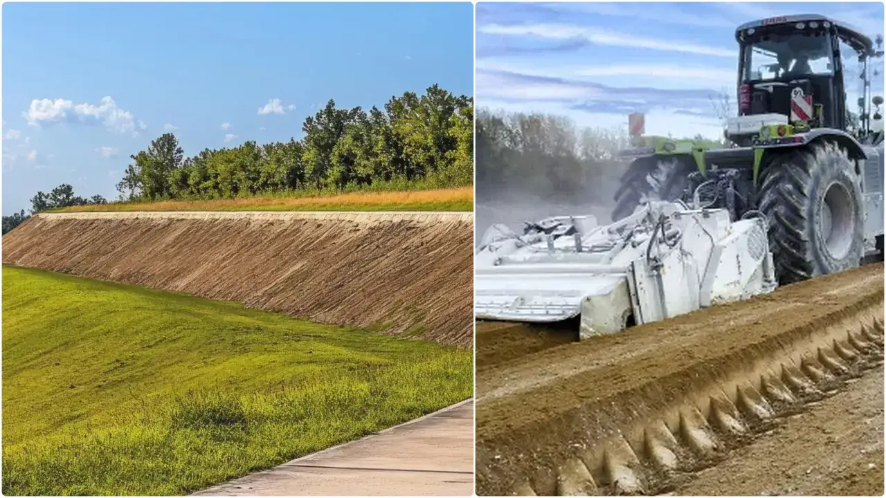 Traktor z maszyną do stabilizacji gruntu, która wykorzystuje wapno gaszone do poprawy jego właściwości. Po lewej stronie widok skarpy z zieloną trawą.